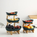 3 tiers ceramic fruit candy dish tray with wooden stand decorative cheap 3 tier bamboo cake stand fruit tray